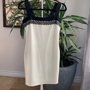 CHING SANTOS black & white dress w/flat bead trim size S
